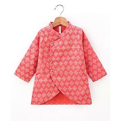 Babyhug Brocade Woven Full Sleeves Kurta & Pajama Set Argyle Design - Peach
