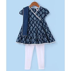 Babyhug Cotton Half Sleeves Printed Kurti With Leggings And Dupatta- Indigo