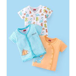 Babyhug 100% Cotton Half Sleeves Vests Stripes & Dino Print Pack of 3- Blue Orange & White