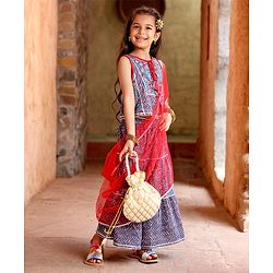 Babyhug Sleeveless Cotton Floral Printed Lehenga & Choli With Dupatta- Indigo & Red