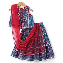 Babyhug Sleeveless Cotton Floral Printed Lehenga & Choli With Dupatta- Indigo & Red