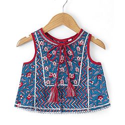Babyhug Sleeveless Cotton Floral Printed Lehenga & Choli With Dupatta- Indigo & Red