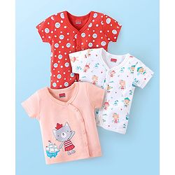 Babyhug 100% Cotton Half Sleeves Vests Boat & Kitty Print Pack of 3- Peach White & Red