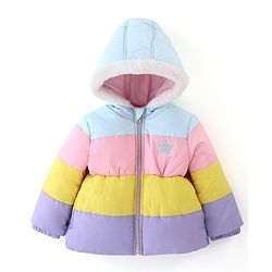 Babyhug Full Sleeves Woven Hoodie Star Patch - Purple Yellow & Blue