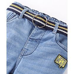 Babyhug Cotton Full Length Washed Denim Stretch Jeans With Mock Fly  - Blue