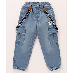 Babyhug Cotton Spandex Full Length Stretchable Washed Denim Jeans with Suspenders - Light Blue