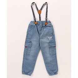 Babyhug Cotton Spandex Full Length Stretchable Washed Denim Jeans with Suspenders - Light Blue