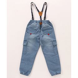 Babyhug Cotton Spandex Full Length Stretchable Washed Denim Jeans with Suspenders - Light Blue