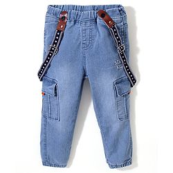 Babyhug Cotton Spandex Full Length Stretchable Washed Denim Jeans with Suspenders - Light Blue