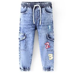 Babyhug Cotton Washed Denim Full Length Number Embroidered Jogger - Blue