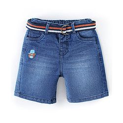 Babyhug Cotton Stretchable Above Knee Length Washed Bermuda with Belt - Blue