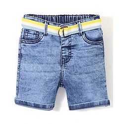 Babyhug Cotton Washed Denim Stretchable Above Knee Length Bermuda With Belt Solid With Mock Fly  - Blue