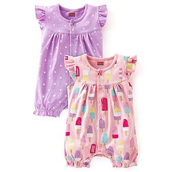 Babyhug 100% Cotton Frill Sleeves Romper Dot & Popsicle Print Pack of 2- Pink & Purple