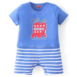 Babyhug 100% Cotton Knit Half Sleeves Striped Romper with Bus Print - Blue