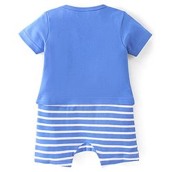 Babyhug 100% Cotton Knit Half Sleeves Striped Romper with Bus Print - Blue