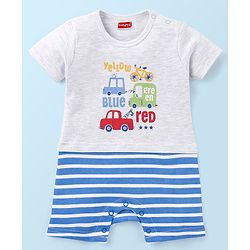 Babyhug Cotton Half Sleeves Romper Stripes & Car Print- Grey
