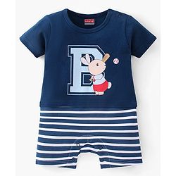 Babyhug 100% Cotton Knit Half Sleeves Striped Romper with Bunny Print - Navy Blue