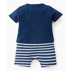 Babyhug 100% Cotton Knit Half Sleeves Striped Romper with Bunny Print - Navy Blue