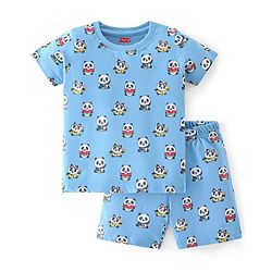 Babyhug Cotton Knit Half Sleeves Night Suit Panda Print - Blue