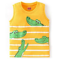 Babyhug Cotton Jersey Knit Sleeveless Striped T-Shirt with Croc Print - Yellow