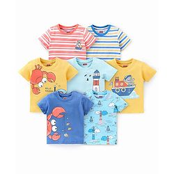 Babyhug Cotton Half Sleeves T-Shirts Pack of 7 with Crab & Boat Print - Yellow & Blue