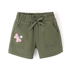 Babyhug Cotton Spandex Mid Thigh Stretchable Shorts with Butterfly Embroidery - Olive Green