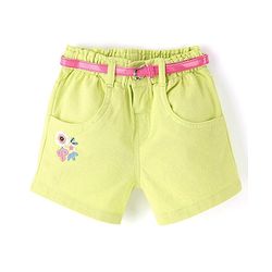 Babyhug Cotton Spandex Mid Thigh Stretchable Shorts with Floral Embroidery & Belt - Lime Green