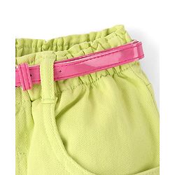 Babyhug Cotton Spandex Mid Thigh Stretchable Shorts with Floral Embroidery & Belt - Lime Green