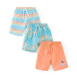 Babyhug Cotton Jersey Knit Mid Thigh Length Shorts Stripes & Marble Print Pack of 3 - Orange & Blue