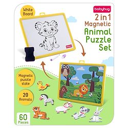 Babyhug 60 Pcs Magnetic Animal Puzzle Set with 2 in 1 Board| Playset With Write & Wipe Feature with Sketch Pen and Duster| Learning and Educational Toy for 4-6 Years Kids| Gifting Toy| BIS Certified