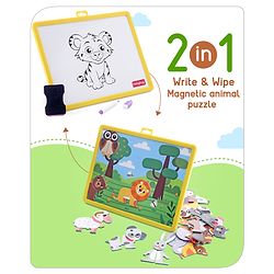 Babyhug 60 Pcs Magnetic Animal Puzzle Set with 2 in 1 Board| Playset With Write & Wipe Feature with Sketch Pen and Duster| Learning and Educational Toy for 4-6 Years Kids| Gifting Toy| BIS Certified