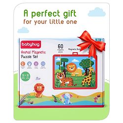 Babyhug 60 Pcs Magnetic Animal Puzzle Set with 2 in 1 Board| Playset With Write & Wipe Feature with Sketch Pen and Duster| Learning and Educational Toy for 4-6 Years Kids| Gifting Toy| BIS Certified