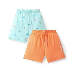 Babyhug Cotton Jersey Knitted Mid Thigh Length Shorts Fish and Text Print Pack of 2 - Orange & Blue