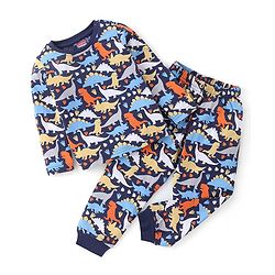 Babyhug Cotton Full Sleeves Night Suit Dino Print- Navy Blue