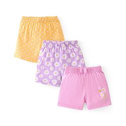 Babyhug Cotton Jersey Knit Mid Thigh Length Shorts Floral & Dot Print Pack of 3 - Pink Purple & Yellow
