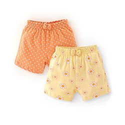 Babyhug Cotton Jersey Knit Floral and Polka Dots Printed Shorts with Bow Applique Pack of 2 - Yellow & Orange