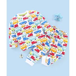Babyhug Cotton Knit Full Sleeves Night Suit Cars & Buses Print - White