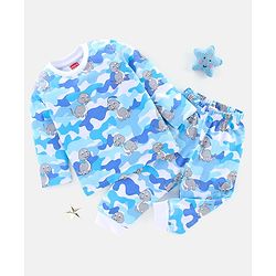 Babyhug Cotton Knit Full Sleeves Night Suit Dino Print - Blue & White