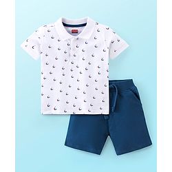 Babyhug 100% Cotton Knit Half Sleeves T-Shirt and Shorts Set Boat Print - White & Blue