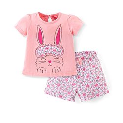 Babyhug Cotton Half Sleeves Night Suit Bunny & Floral Print- Peach & White