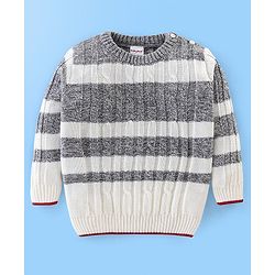 Babyhug Knit Full Sleeves Stripe Print Sweater - White & Grey