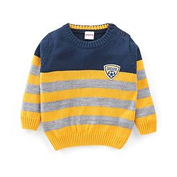 Babyhug Knit Full Sleeves Sweater With Striped & Soccer Badge - Blue & Yellow