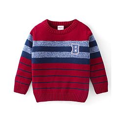 Babyhug Knit Full Sleeves Pullover Sweater Striped & B Embroidery - Red & Navy Blue