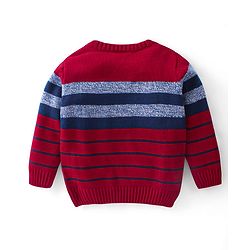 Babyhug Knit Full Sleeves Pullover Sweater Striped & B Embroidery - Red & Navy Blue