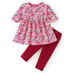 Babyhug Cotton Knit Three Fourth Sleeves Frock with Leggings Floral Print - Maroon & Pink