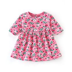 Babyhug Cotton Knit Three Fourth Sleeves Frock with Leggings Floral Print - Maroon & Pink
