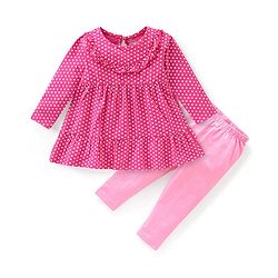 Babyhug 100% Cotton Knit Full Sleeves Frock with Legging Polka Dot Print - Dark Pink