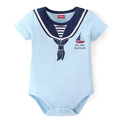 Babyhug 100% Cotton Knit Half Sleeves Onesies Boat Print - Blue