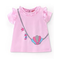 Babyhug 100% Cotton Half Sleeves T-Shirt With Sea Life Graphic Glitter & Frill Detailing - Pink