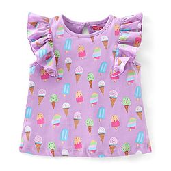Babyhug 100% Cotton Knit Frill Sleeves Top with Ice-Creams Print - Purple